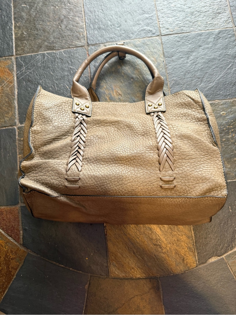 Black Rivet Taupe Braided-Handle Leather Tote